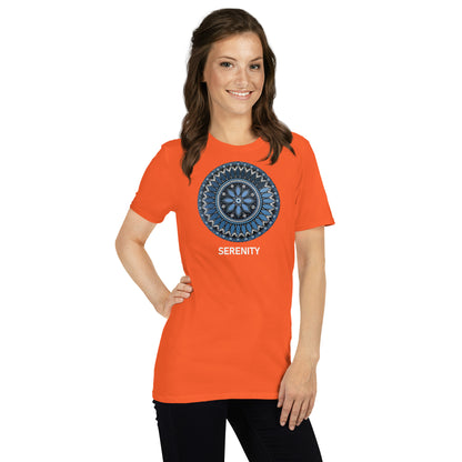 Unisex Softstyle T-Shirt (mandala with blue and white core | on front | SERENITY in white lettering)