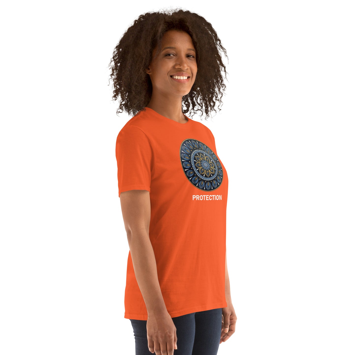 Unisex Softstyle T-Shirt (mandala with gold rim | on front | PROTECTION in white lettering)