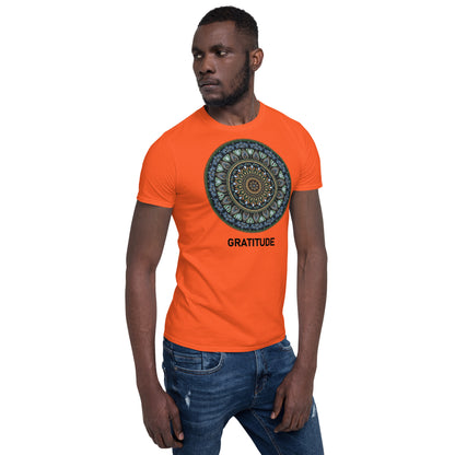 Unisex Softstyle T-Shirt (mandala green and gold rim | on front | GRATITUDE in black lettering)