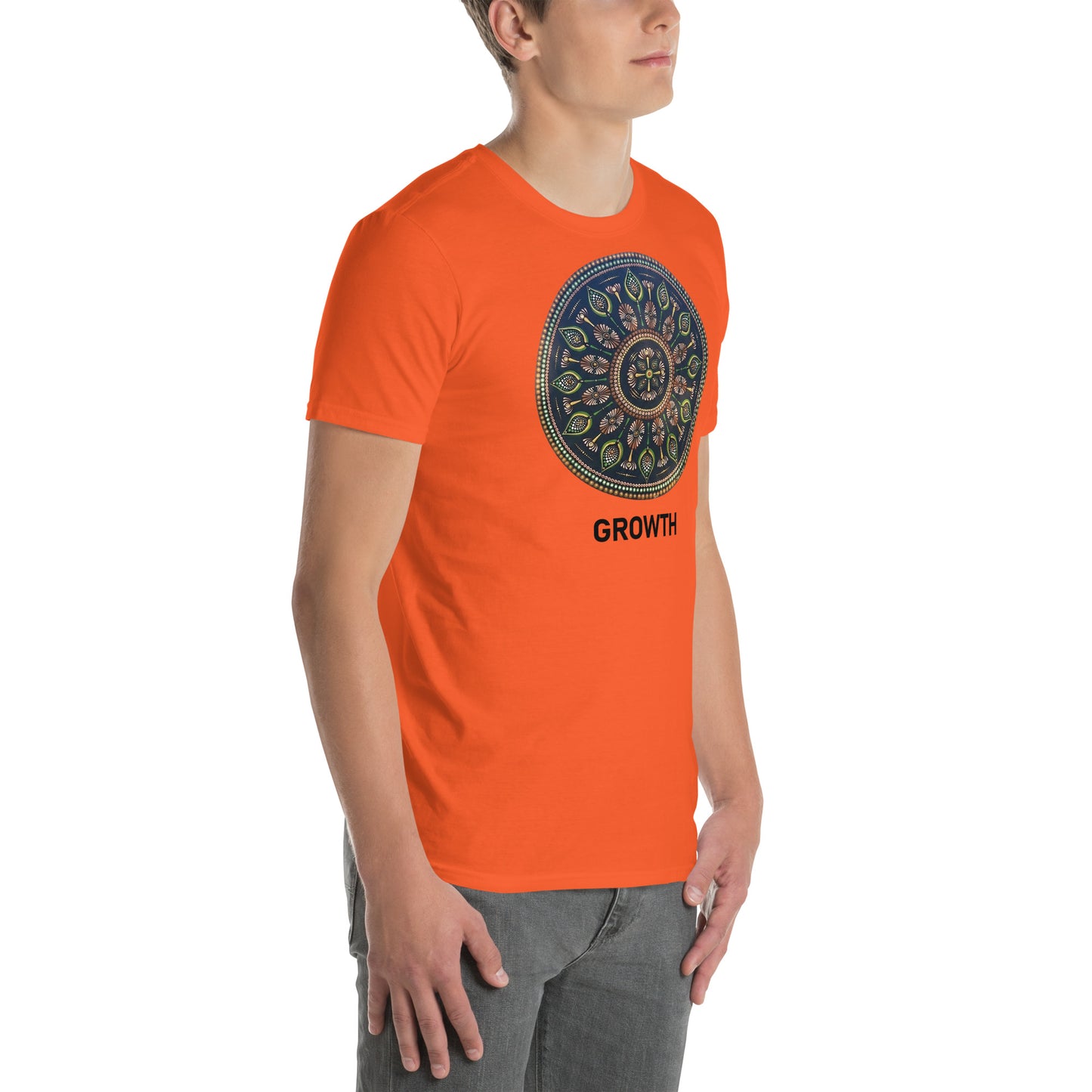 Unisex Softstyle T-Shirt (mandala with cross in the core | on front | GROWTH in black lettering)