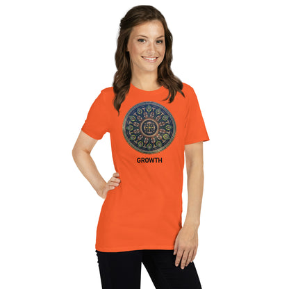 Unisex Softstyle T-Shirt (mandala with cross in the core | on front | GROWTH in black lettering)