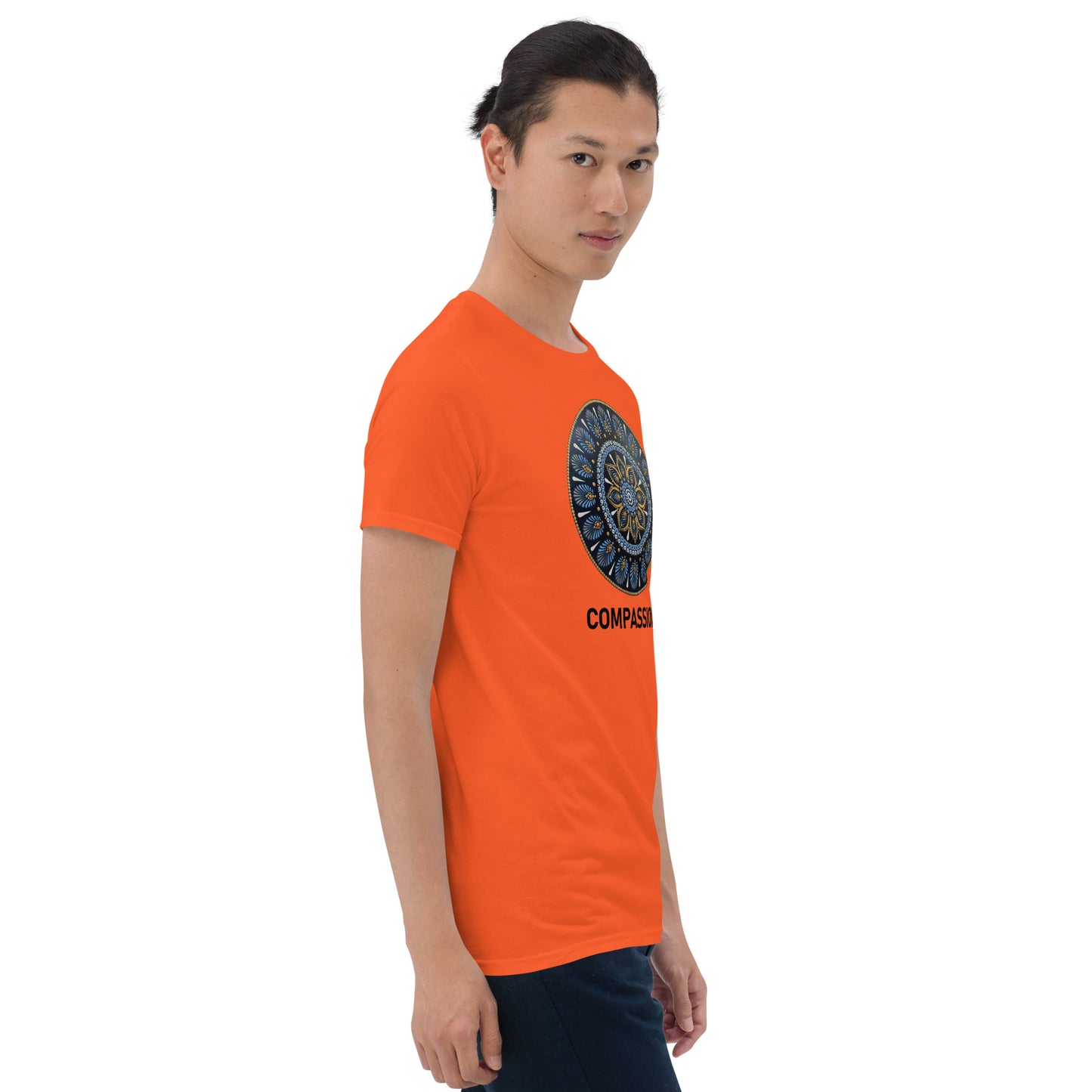 Unisex Softstyle T-Shirt (mandala with gold rim | on front | COMPASSION in black lettering)