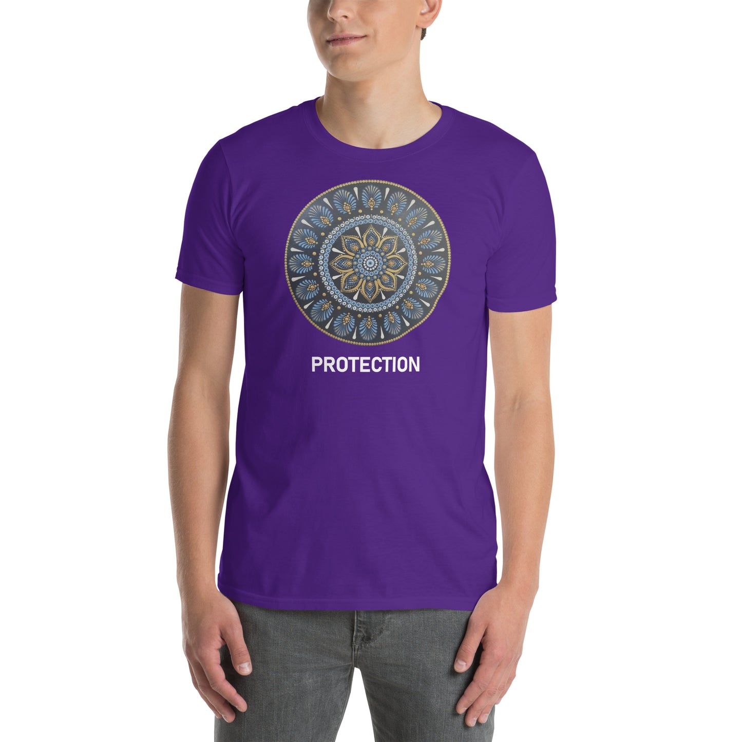 Unisex Softstyle T-Shirt (mandala with gold rim on front | PROTECTION in white lettering)