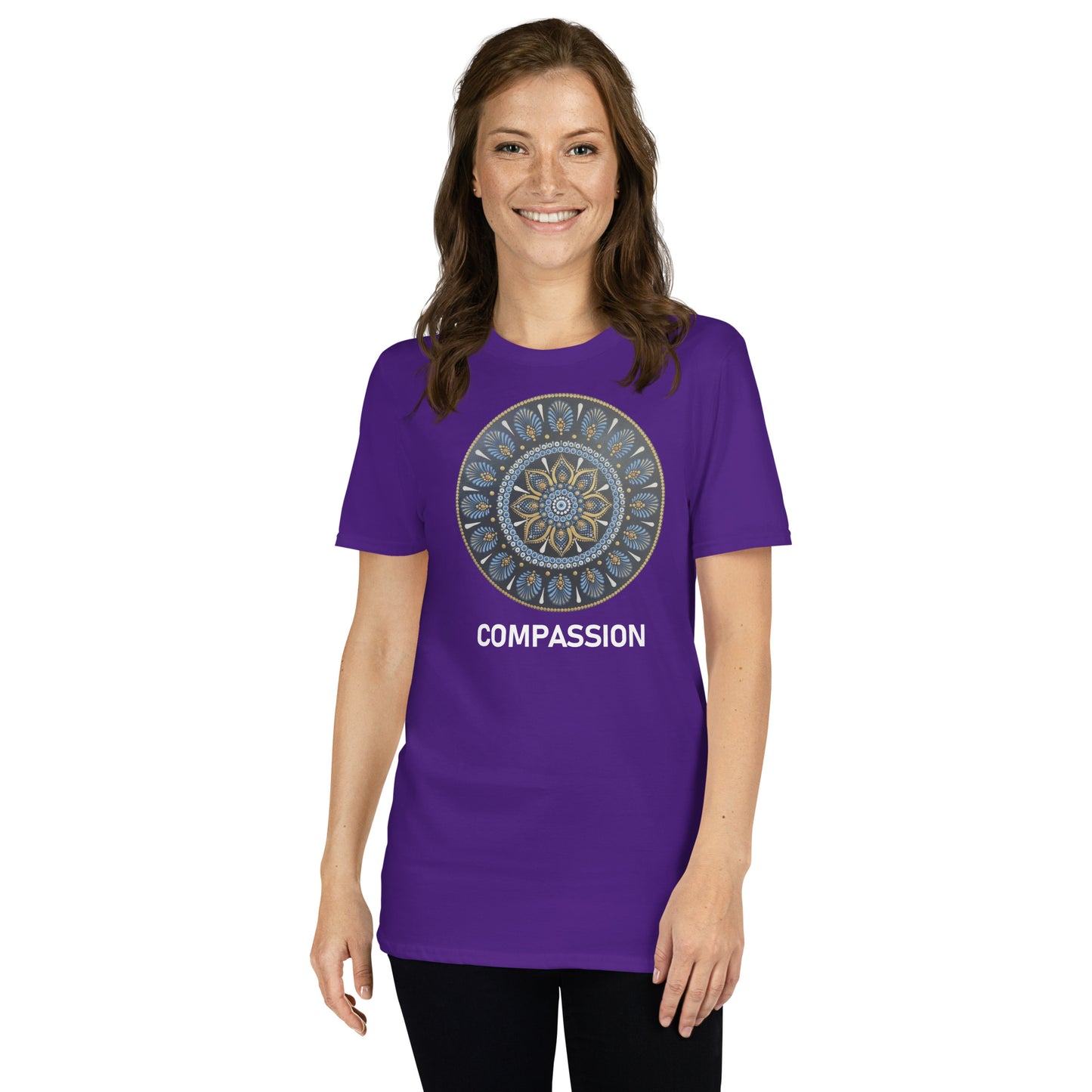 Unisex Softstyle T-Shirt (mandala with gold rim on front | COMPASSION in white lettering)