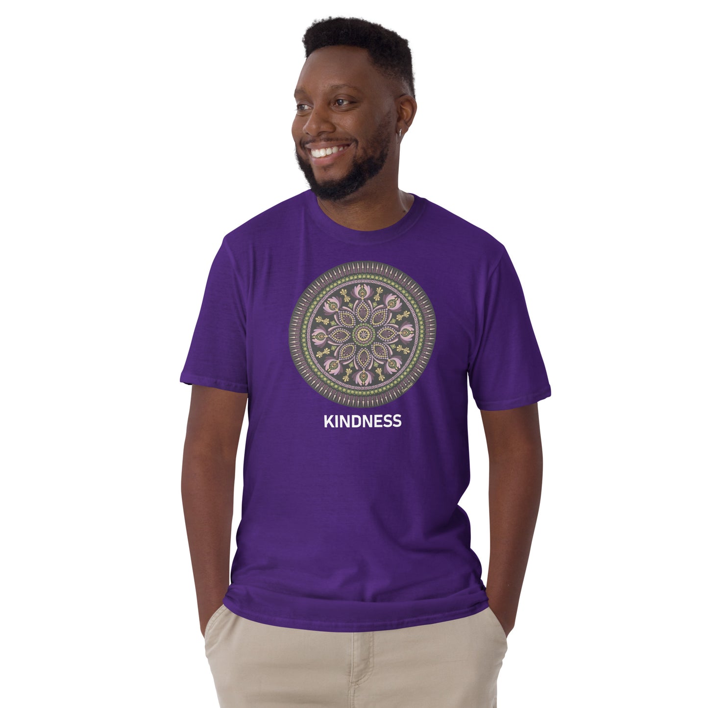 Unisex Softstyle T-Shirt (mandala with magenta rim on front | KINDNESS in white lettering)