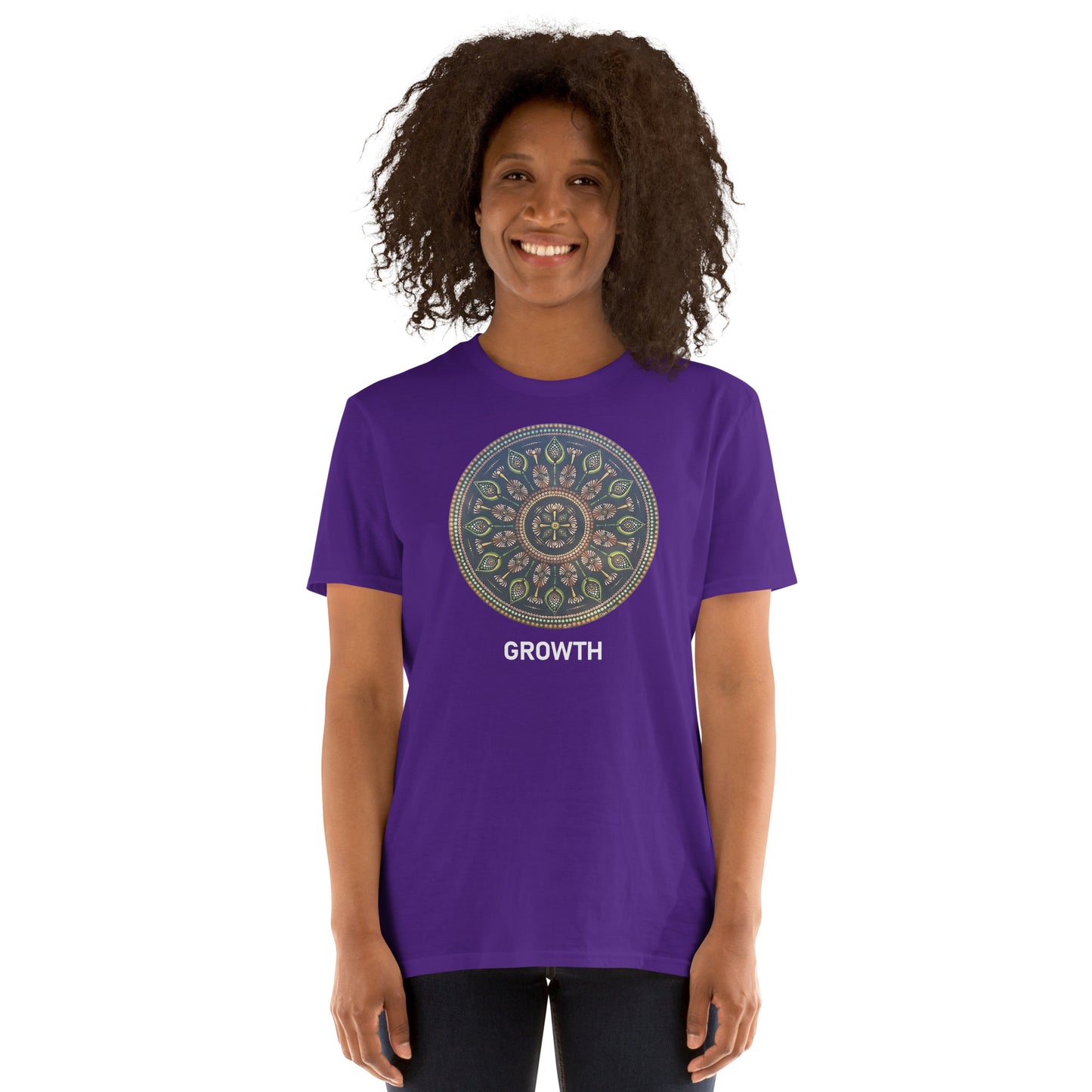 Unisex Softstyle T-Shirt (mandala with cross at the core on front | GROWTH in white lettering)