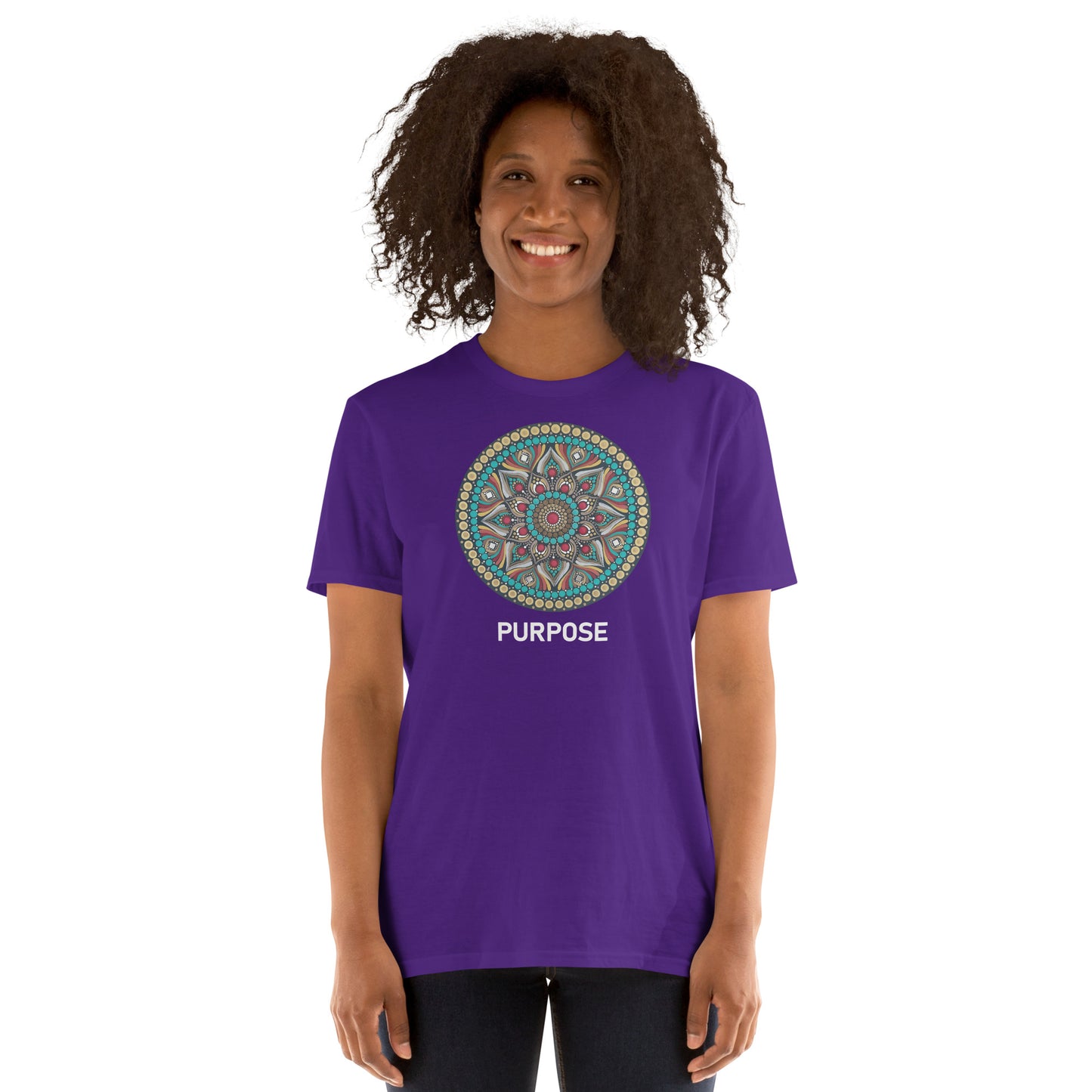Unisex Softstyle T-Shirt (mandala with red core on front | PURPOSE in white lettering)