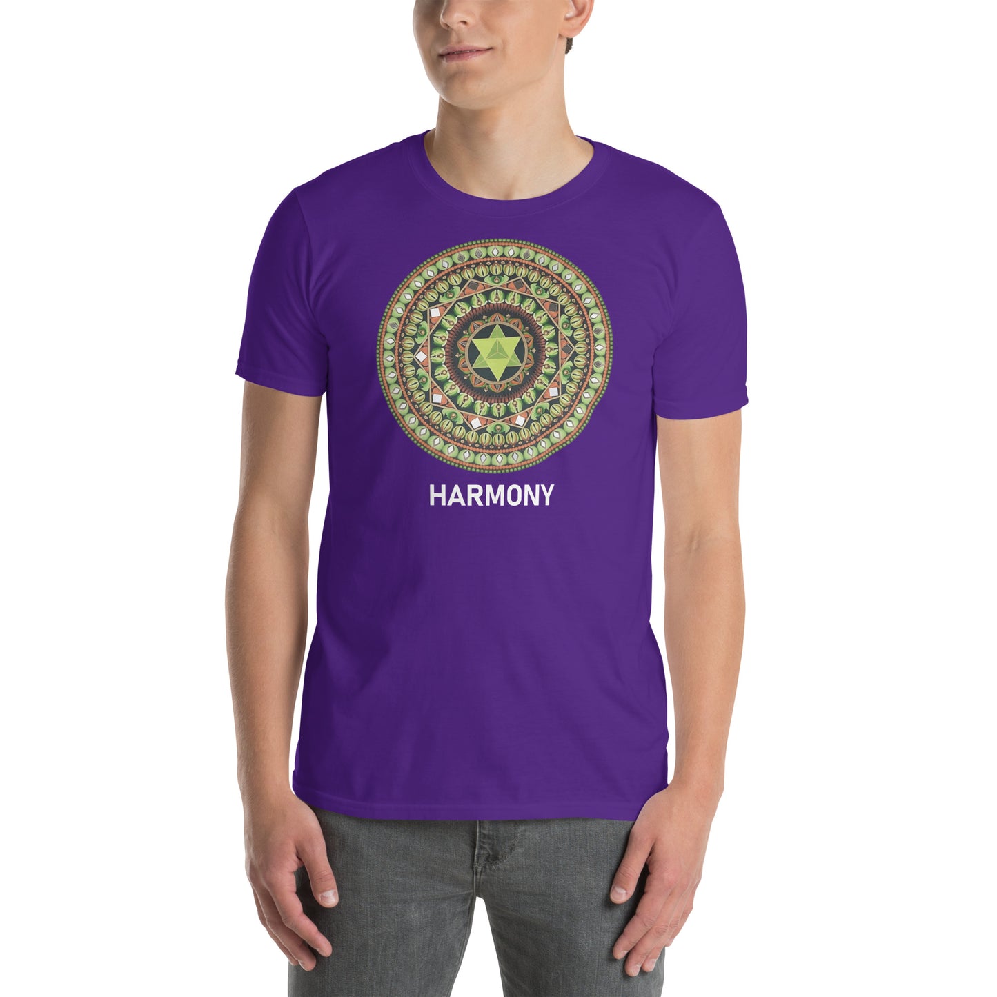 Unisex Softstyle T-Shirt (mandala with green star | on front | HARMONY in white lettering)