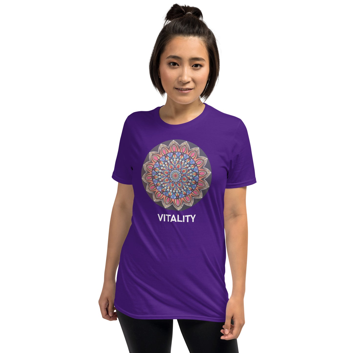 Unisex Softstyle T-Shirt (mandala with pink petals | on front | VITALITY in white lettering)