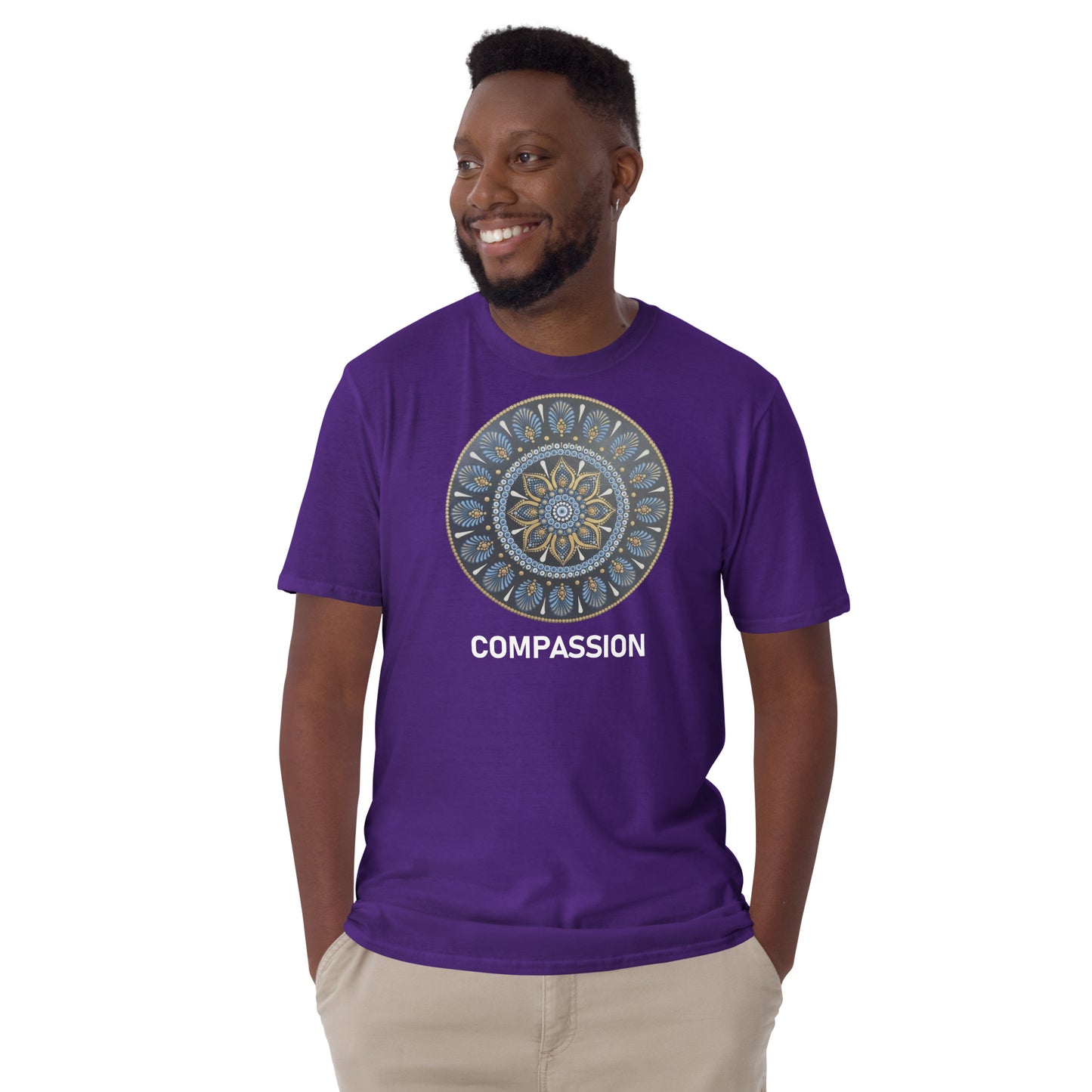 Unisex Softstyle T-Shirt (mandala with gold rim | on front | COMPASSION in white lettering)