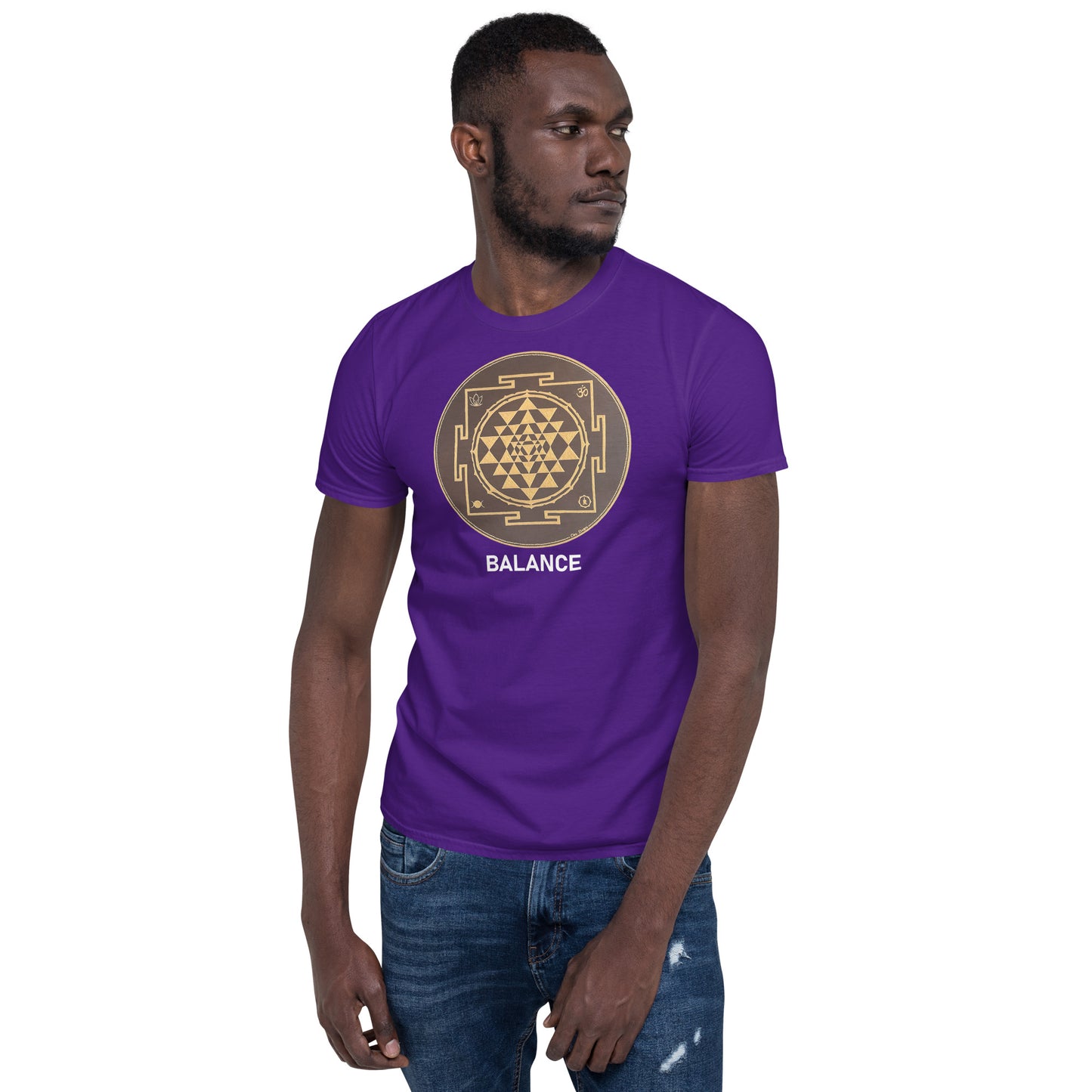 Unisex Softstyle T-Shirt (brown and gold mandala | on front | BALANCE in white lettering)