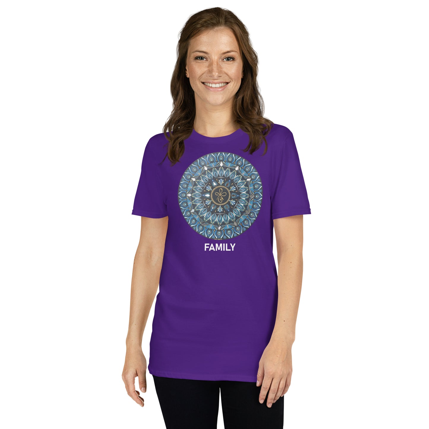 Unisex Softstyle T-Shirt (mandala with 3 loops in core | on front | FAMILY in white lettering)