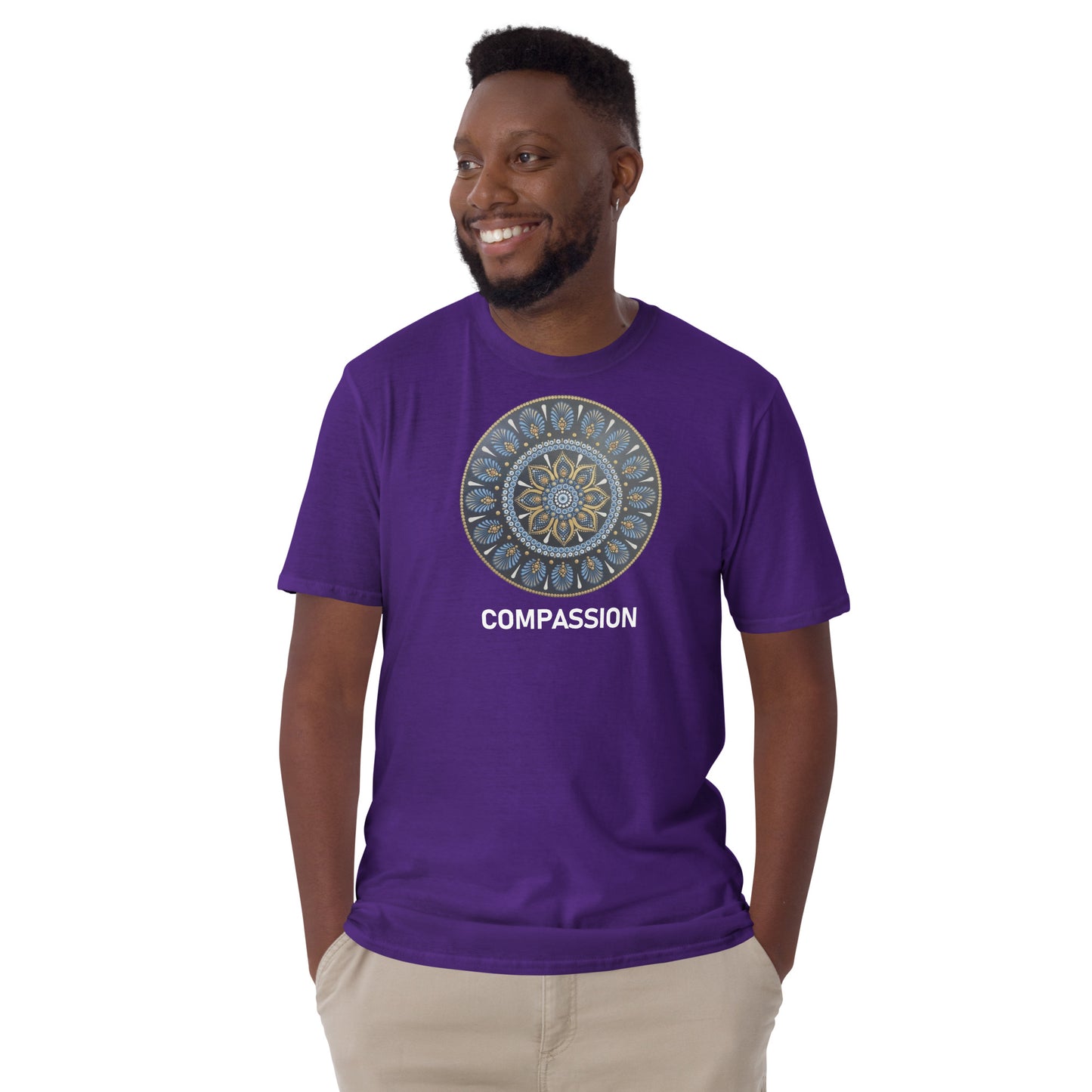 Unisex Softstyle T-Shirt (mandala with gold rim | on front | COMPASSION in white lettering)