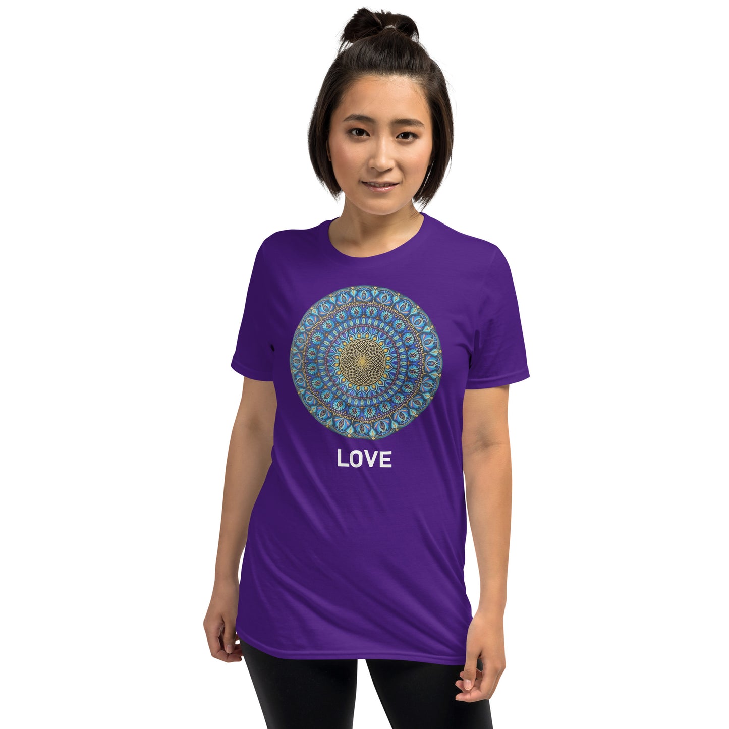 Unisex Softstyle T-Shirt (mandala with golden core | on front | LOVE in white lettering)