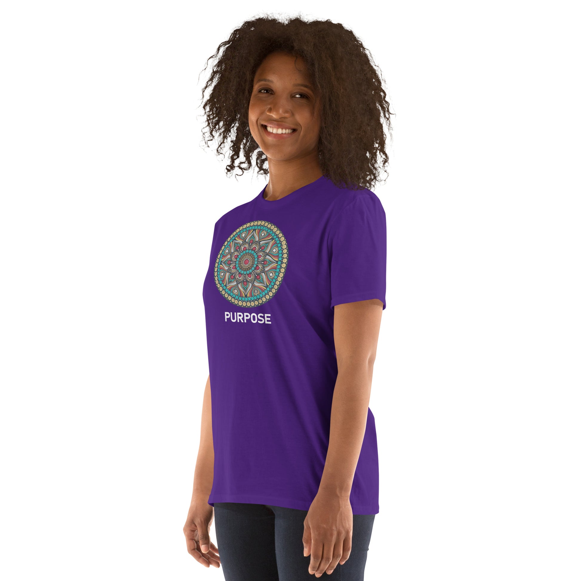 Unisex Softstyle T-Shirt (mandala with red core on front | PURPOSE in white lettering)
