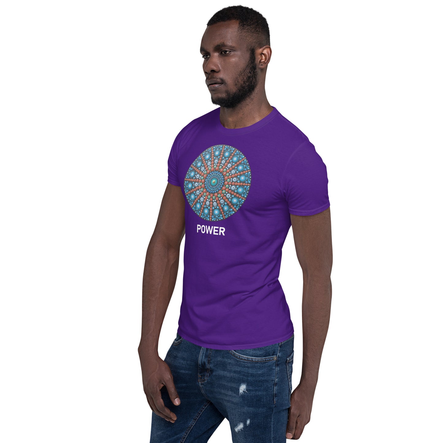 Unisex Softstyle T-Shirt (mandala with red lines | on front | POWER in white lettering)