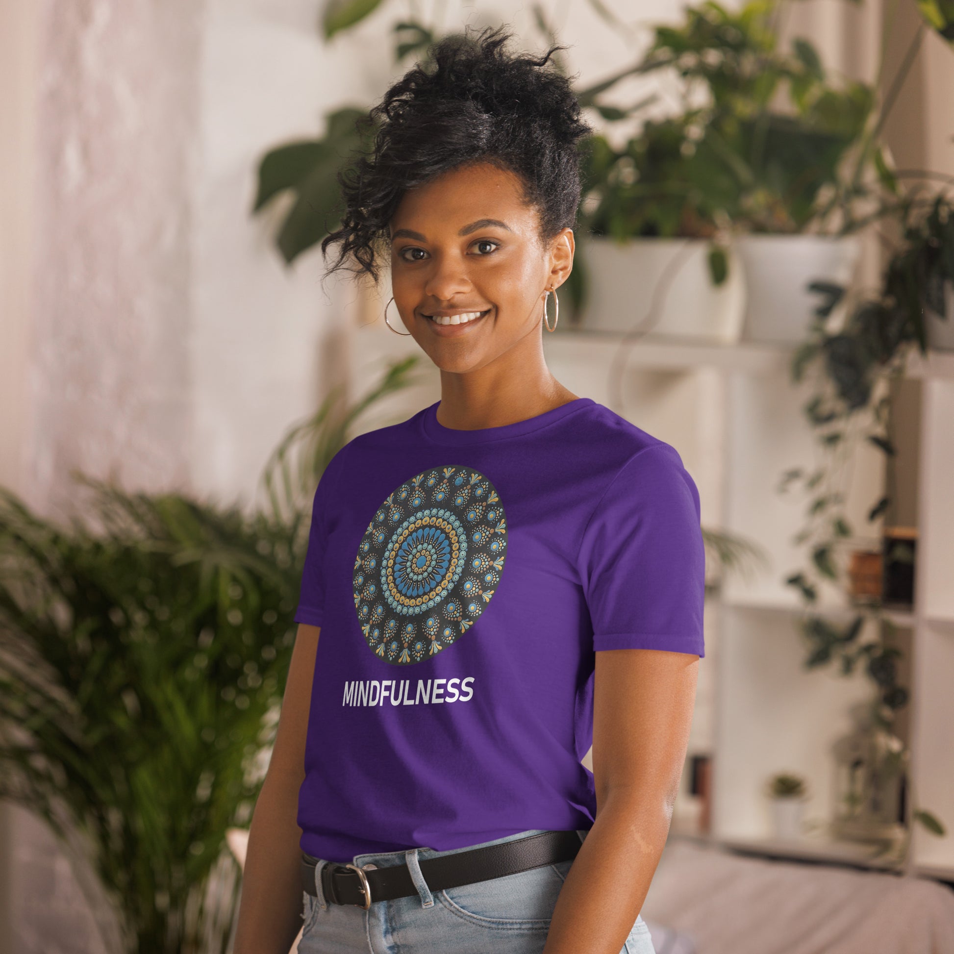 Unisex Softstyle T-Shirt (mandala with blue dots and black back | on front | MINDFULNESS in white lettering)