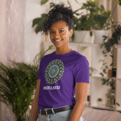 Unisex Softstyle T-Shirt (mandala with blue dots and black back | on front | MINDFULNESS in white lettering)