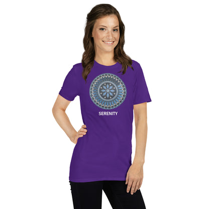 Unisex Softstyle T-Shirt (mandala with blue and white core | on front | SERENITY in white lettering)