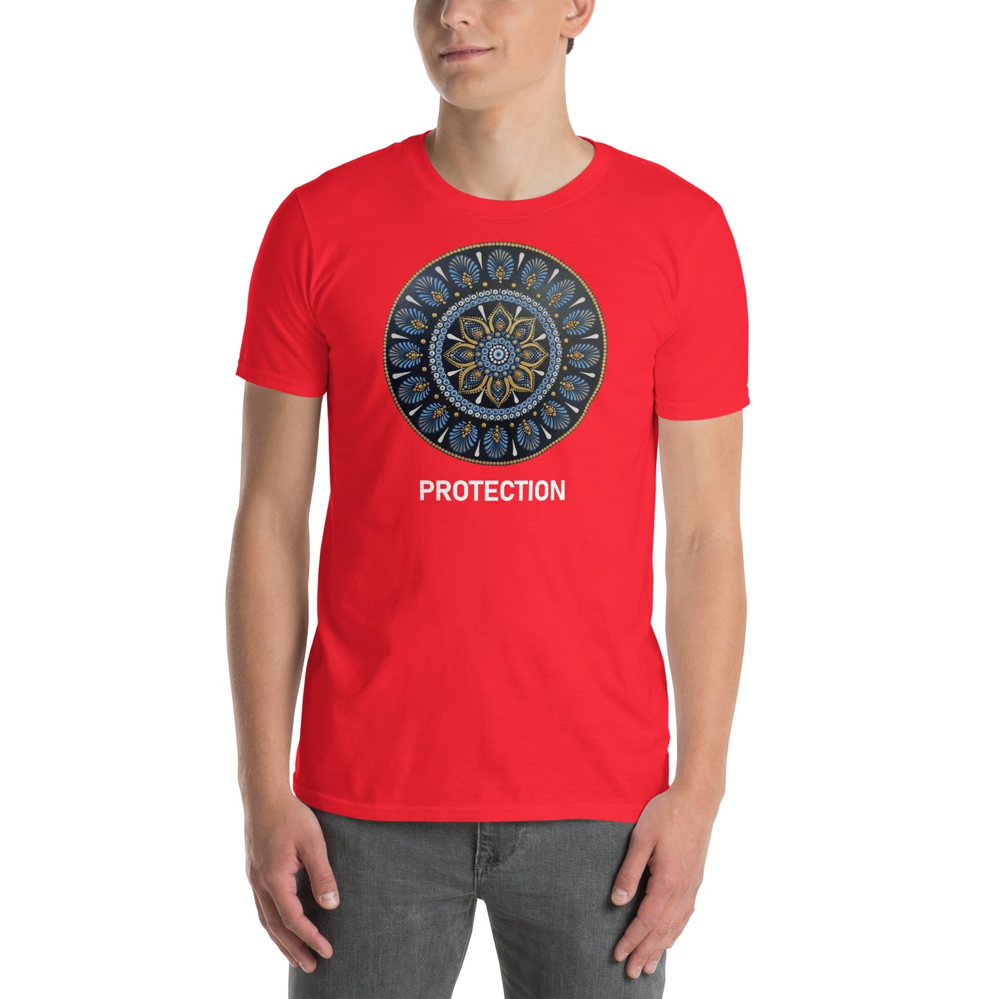 Unisex Softstyle T-Shirt (mandala with gold rim on front | PROTECTION in white lettering)