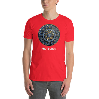 Unisex Softstyle T-Shirt (mandala with gold rim on front | PROTECTION in white lettering)