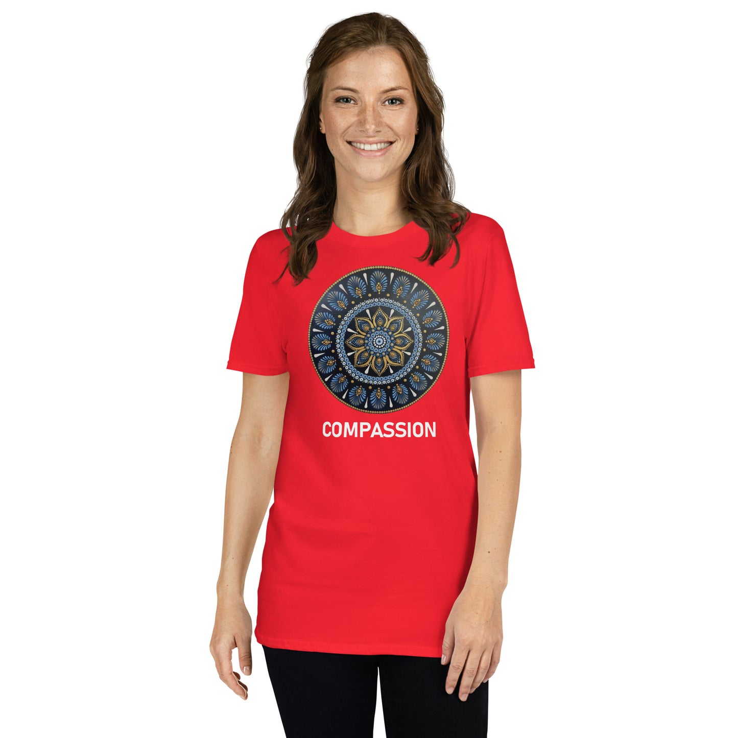 Unisex Softstyle T-Shirt (mandala with gold rim on front | COMPASSION in white lettering)