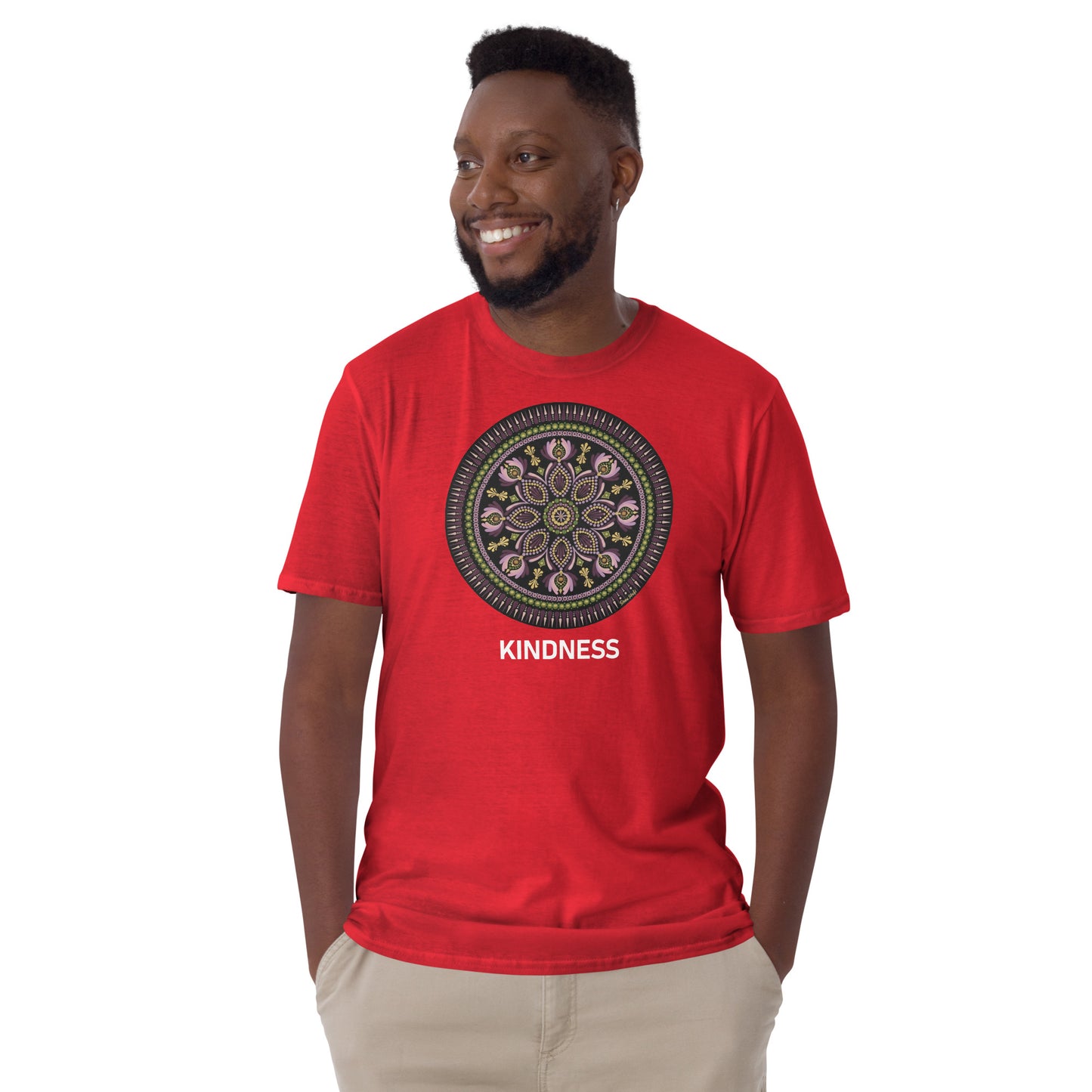 Unisex Softstyle T-Shirt (mandala with magenta rim on front | KINDNESS in white lettering)