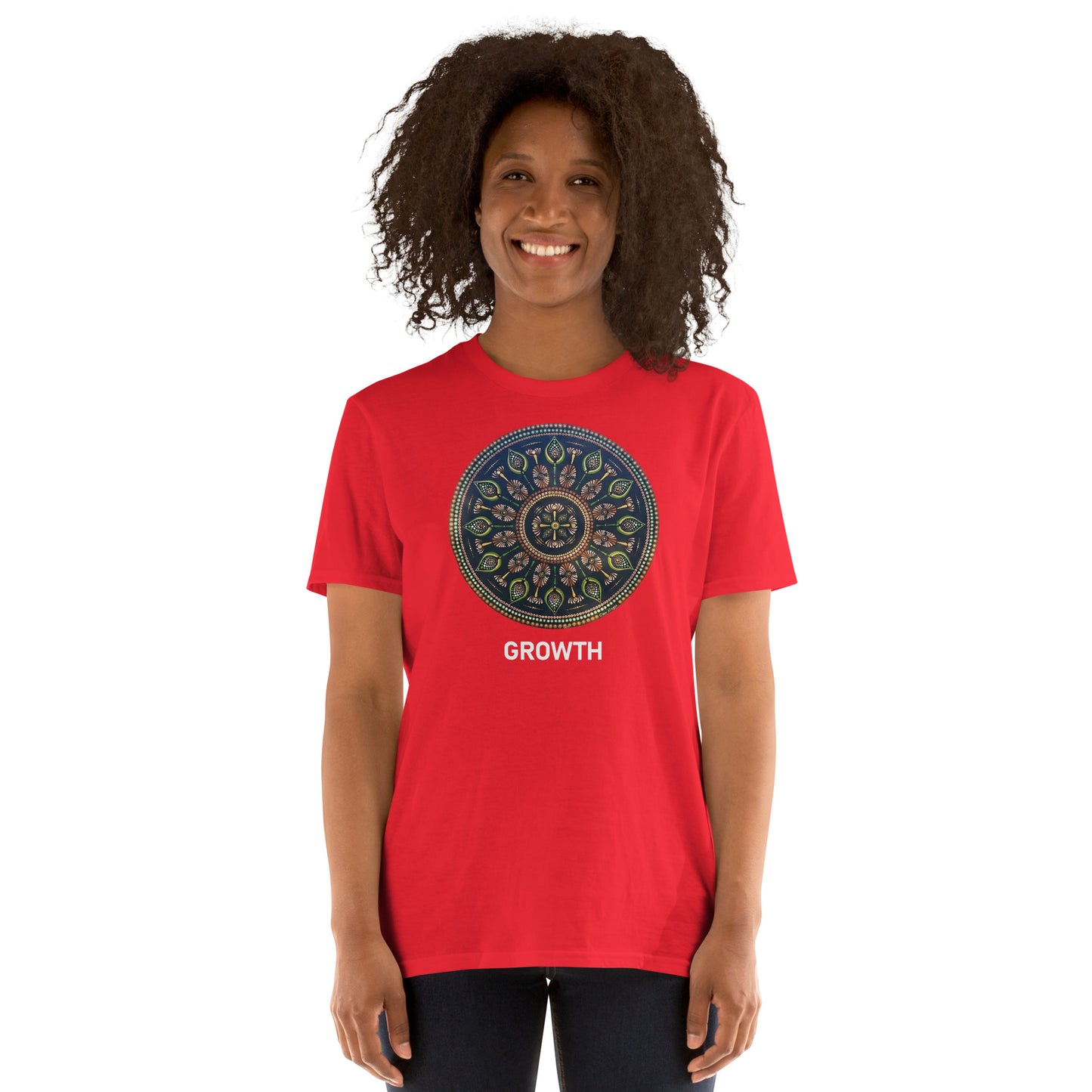 Unisex Softstyle T-Shirt (mandala with cross at the core on front | GROWTH in white lettering)