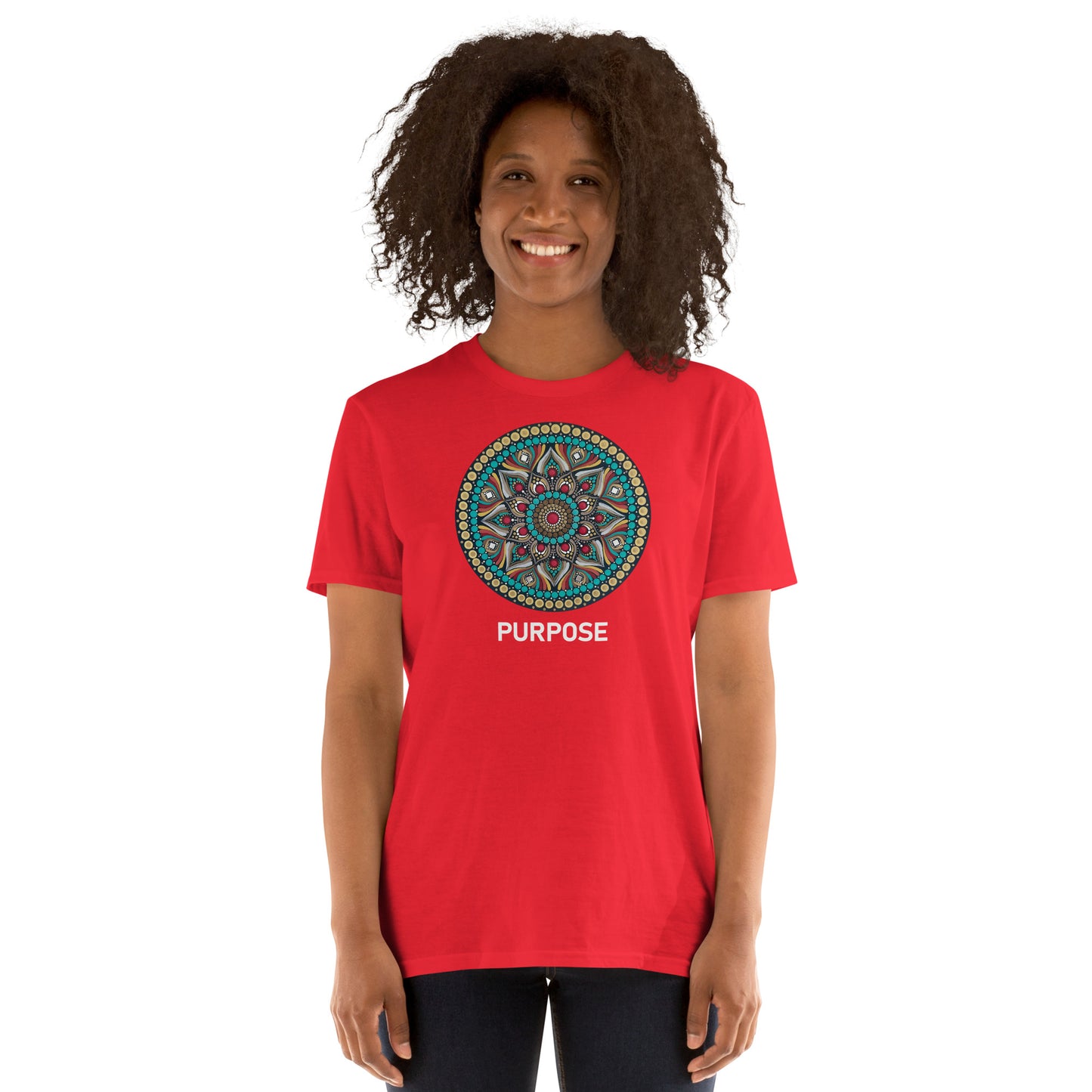 Unisex Softstyle T-Shirt (mandala with red core on front | PURPOSE in white lettering)