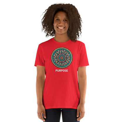 Unisex Softstyle T-Shirt (mandala with red core on front | PURPOSE in white lettering)