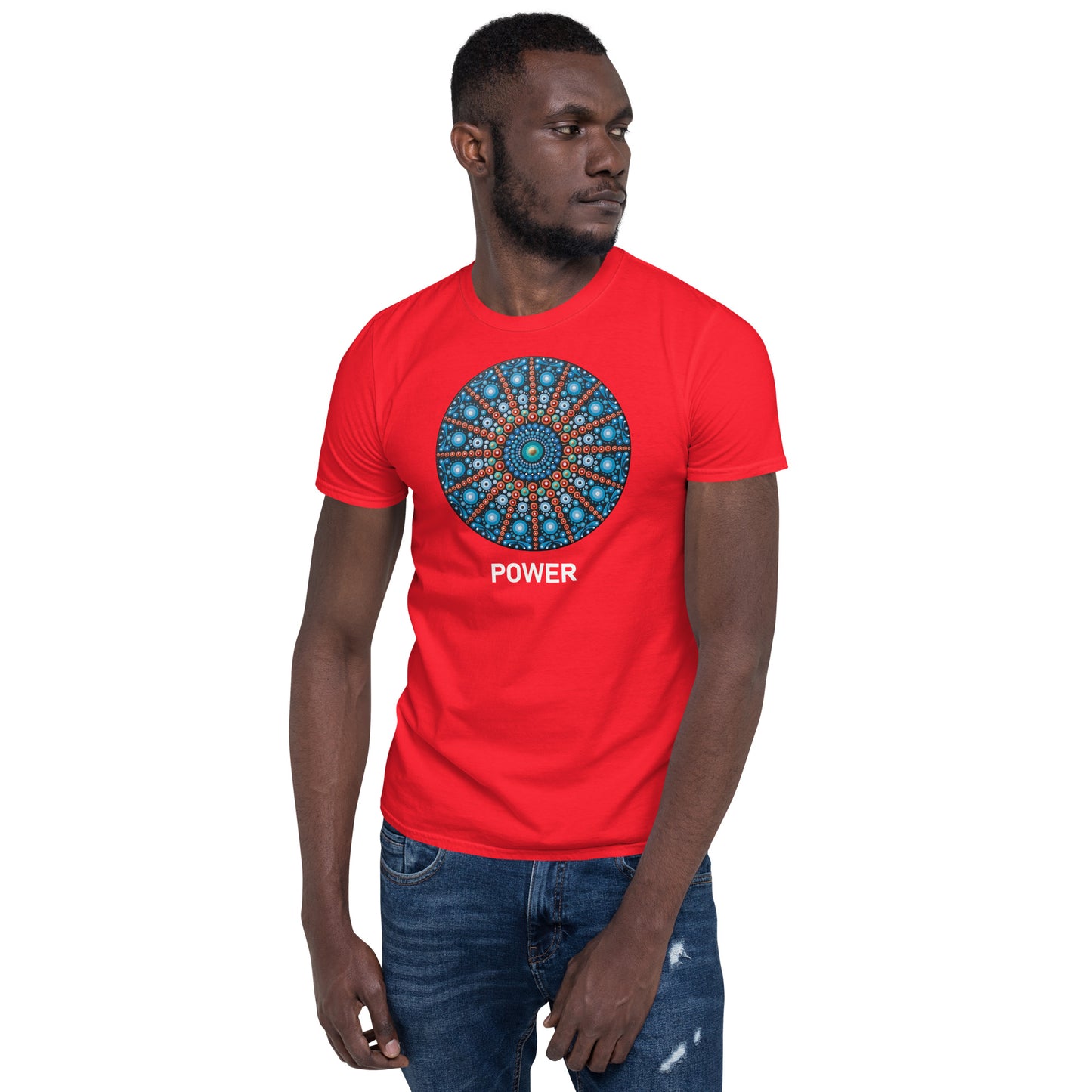 Unisex Softstyle T-Shirt (mandala with red lines | on front | POWER in white lettering)