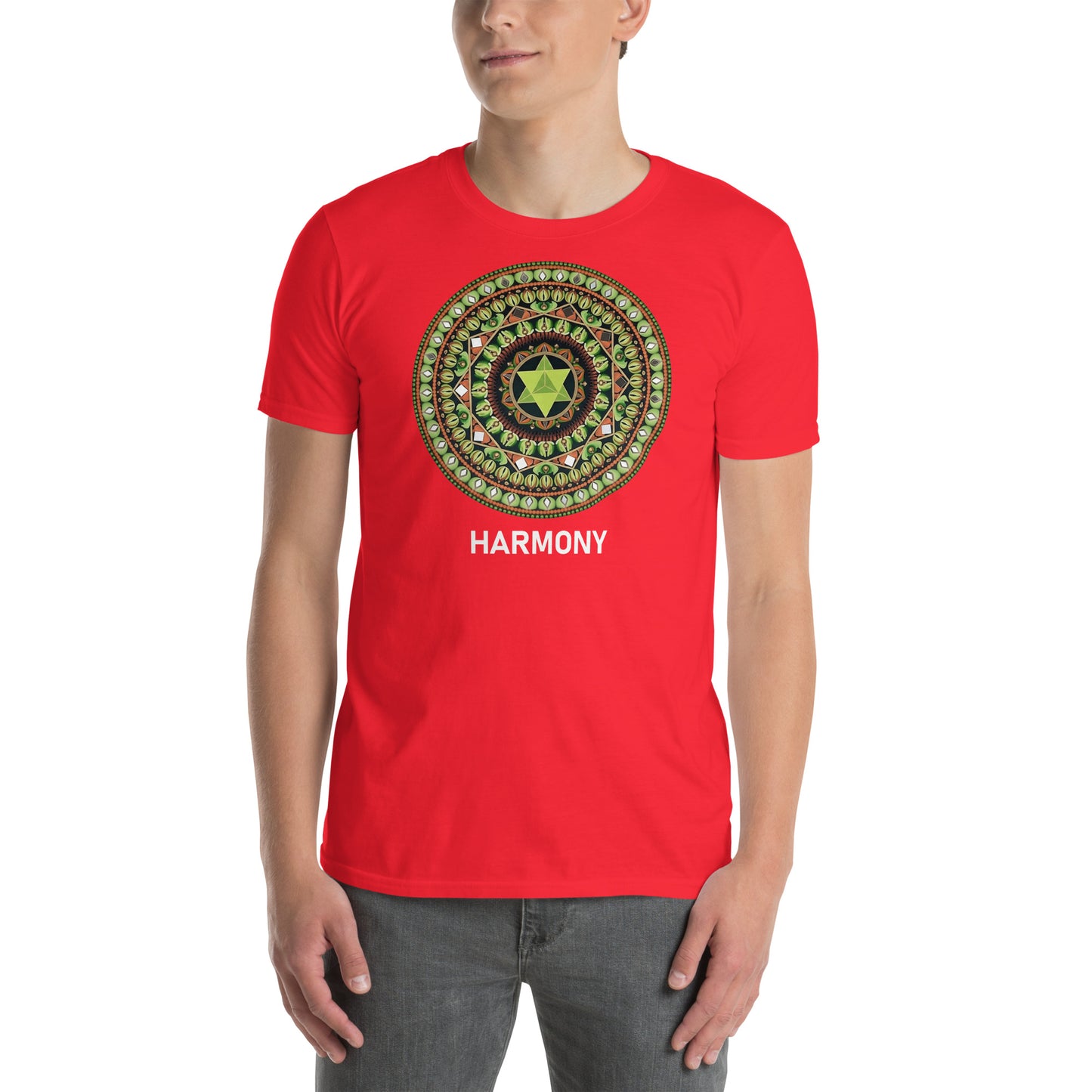 Unisex Softstyle T-Shirt (mandala with green star | on front | HARMONY in white lettering)