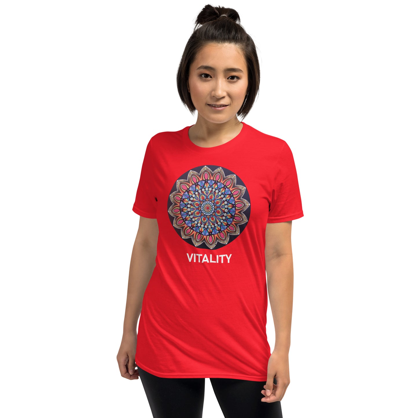 Unisex Softstyle T-Shirt (mandala with pink petals | on front | VITALITY in white lettering)
