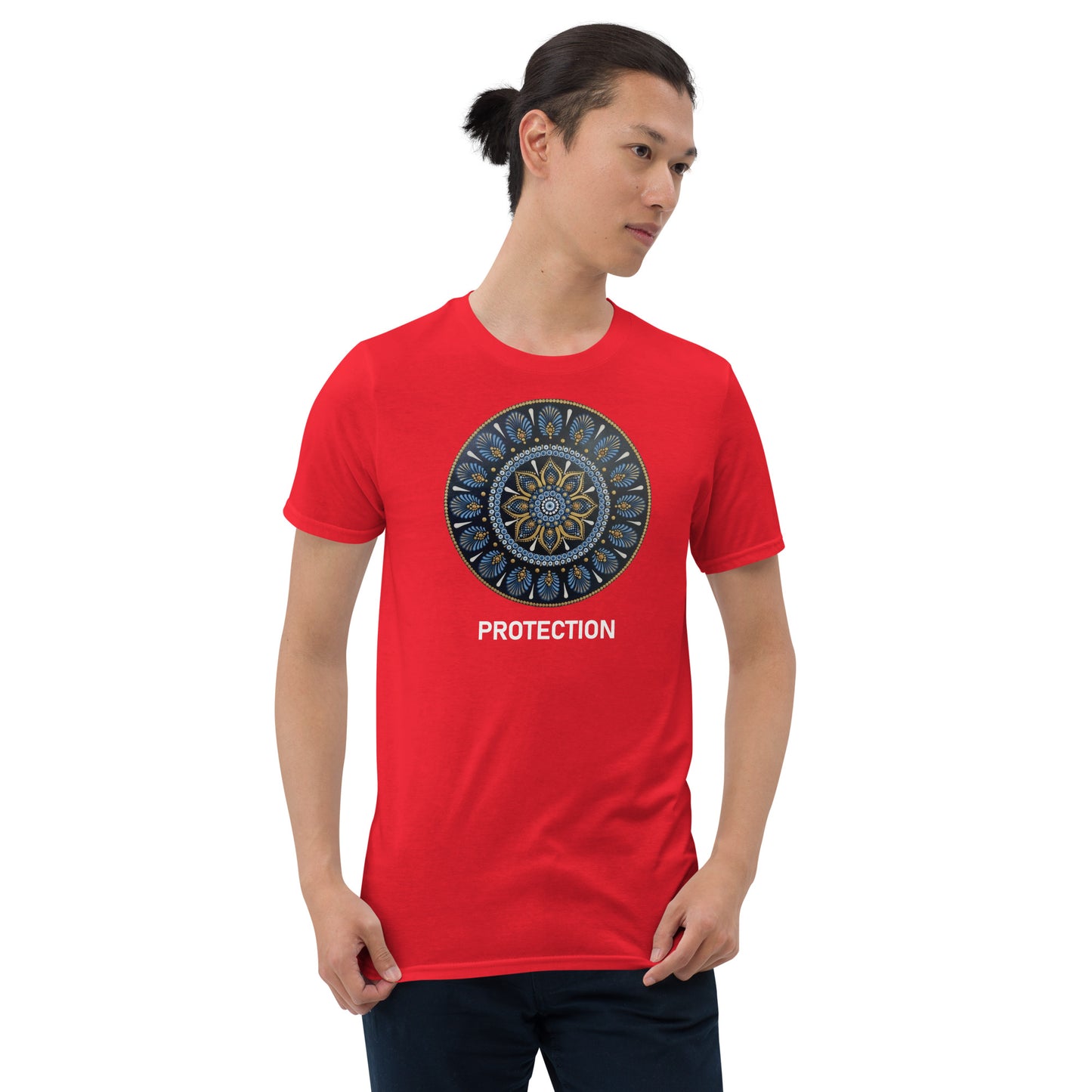Unisex Softstyle T-Shirt (mandala with gold outer rim | on front | PROTECTION in white lettering)