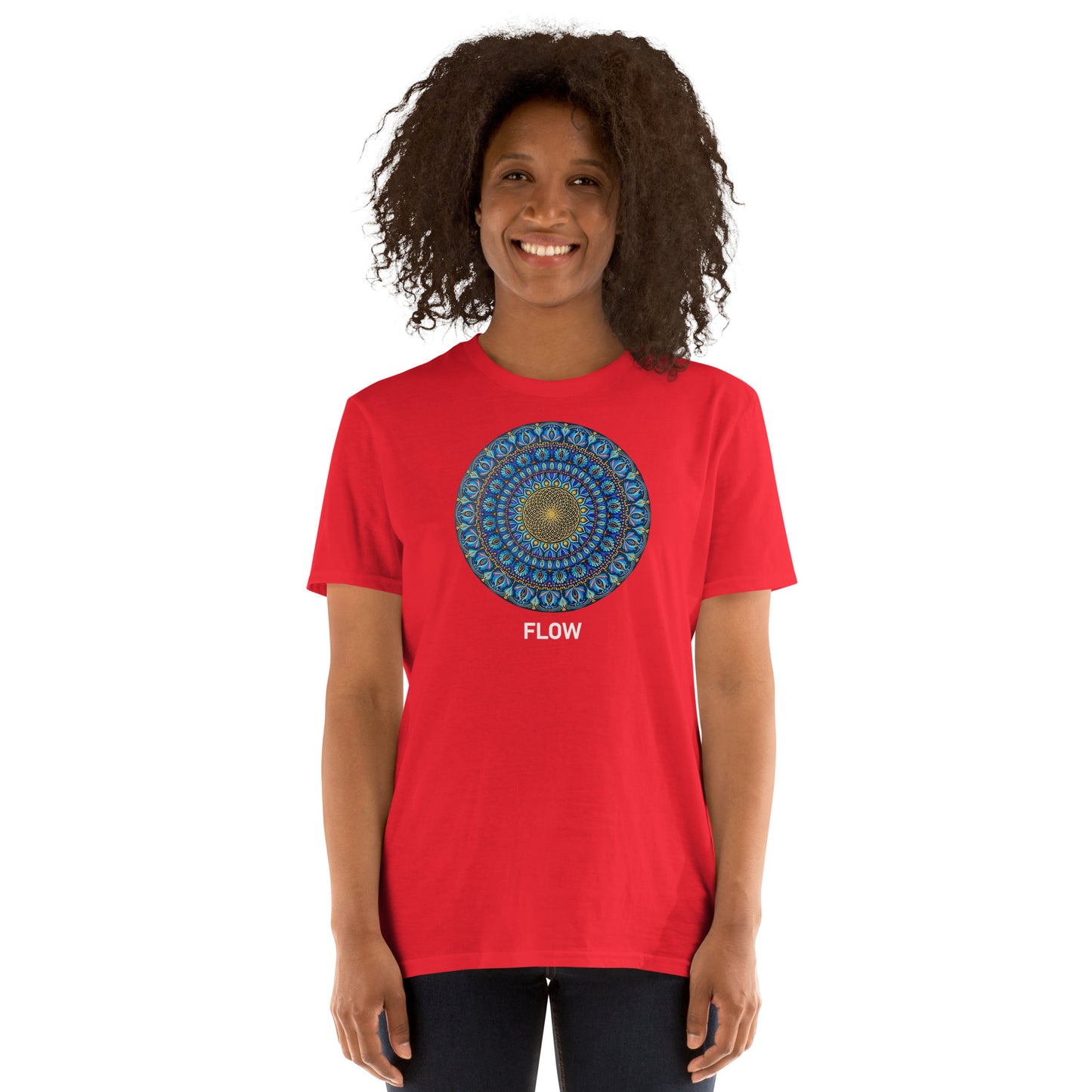 Unisex Softstyle T-Shirt (mandala with golden core | on front | FLOW in white lettering)