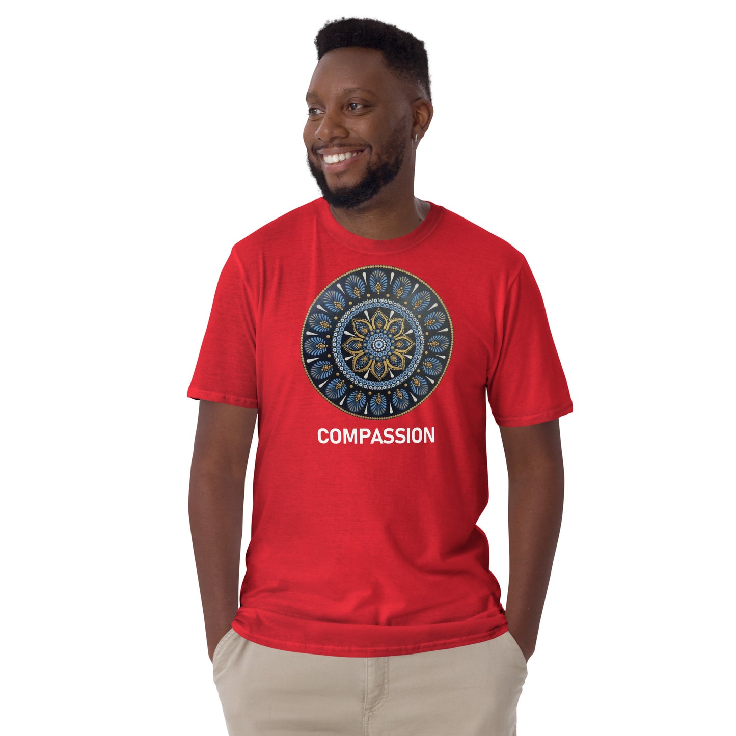 Unisex Softstyle T-Shirt (mandala with gold rim | on front | COMPASSION in white lettering)