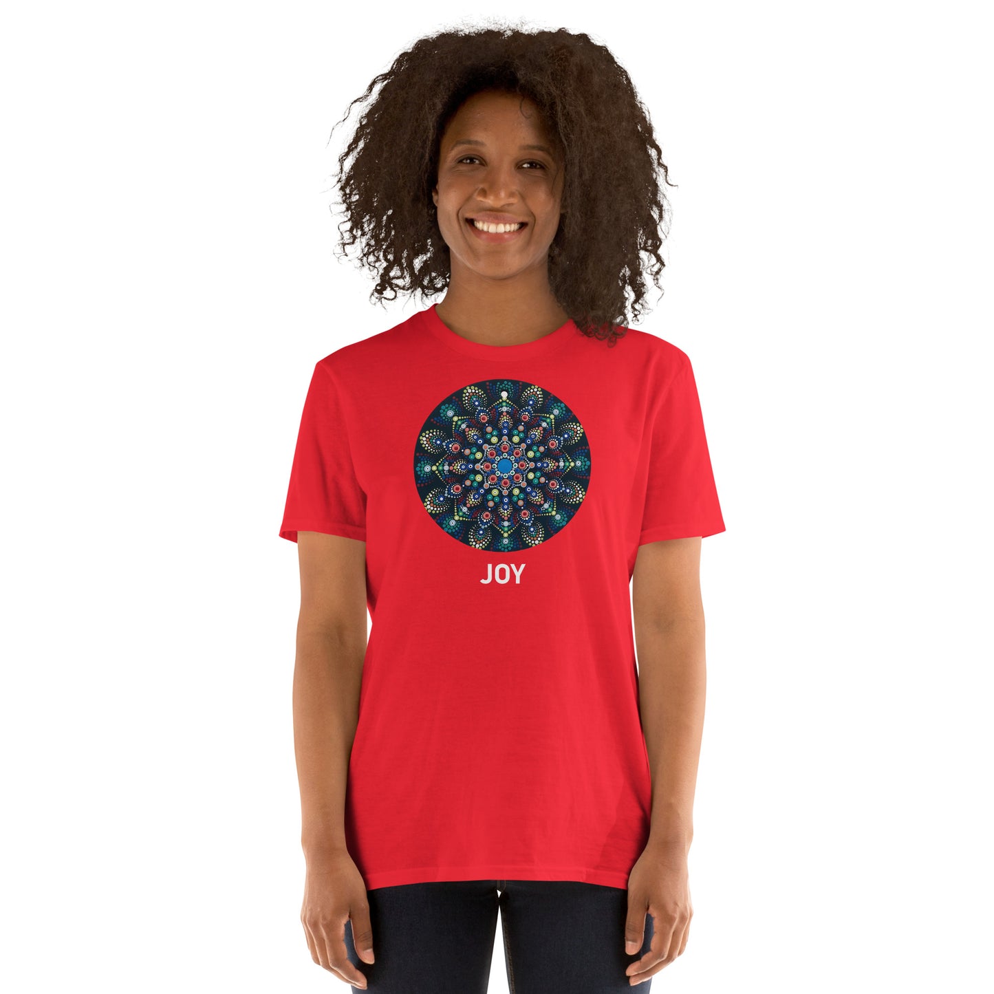 Unisex Softstyle T-Shirt (mandala with colorful dots | on front | JOY in white lettering)