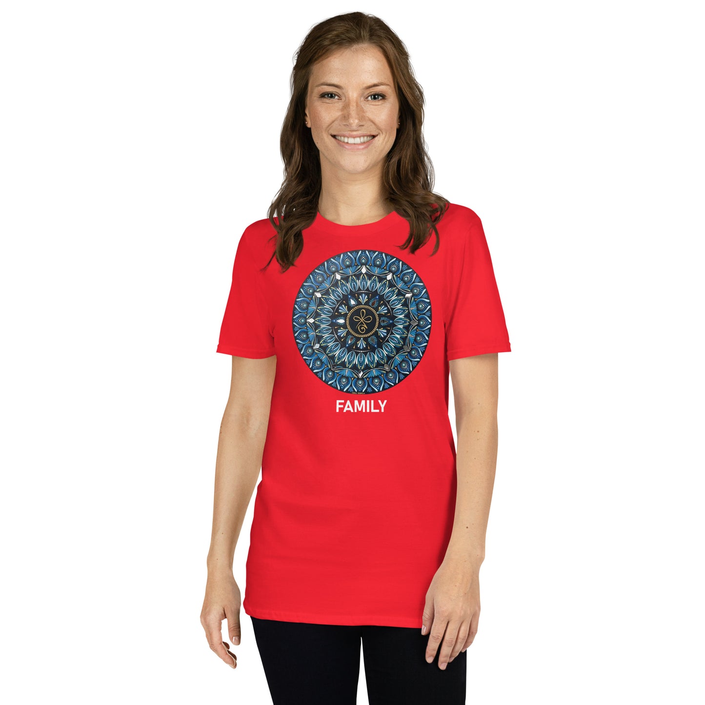 Unisex Softstyle T-Shirt (mandala with 3 loops in core | on front | FAMILY in white lettering)