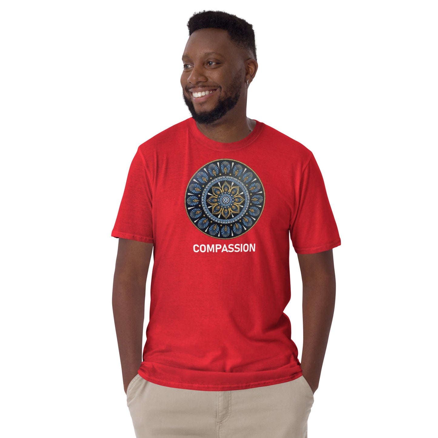 Unisex Softstyle T-Shirt (mandala with gold rim | on front | COMPASSION in white lettering)
