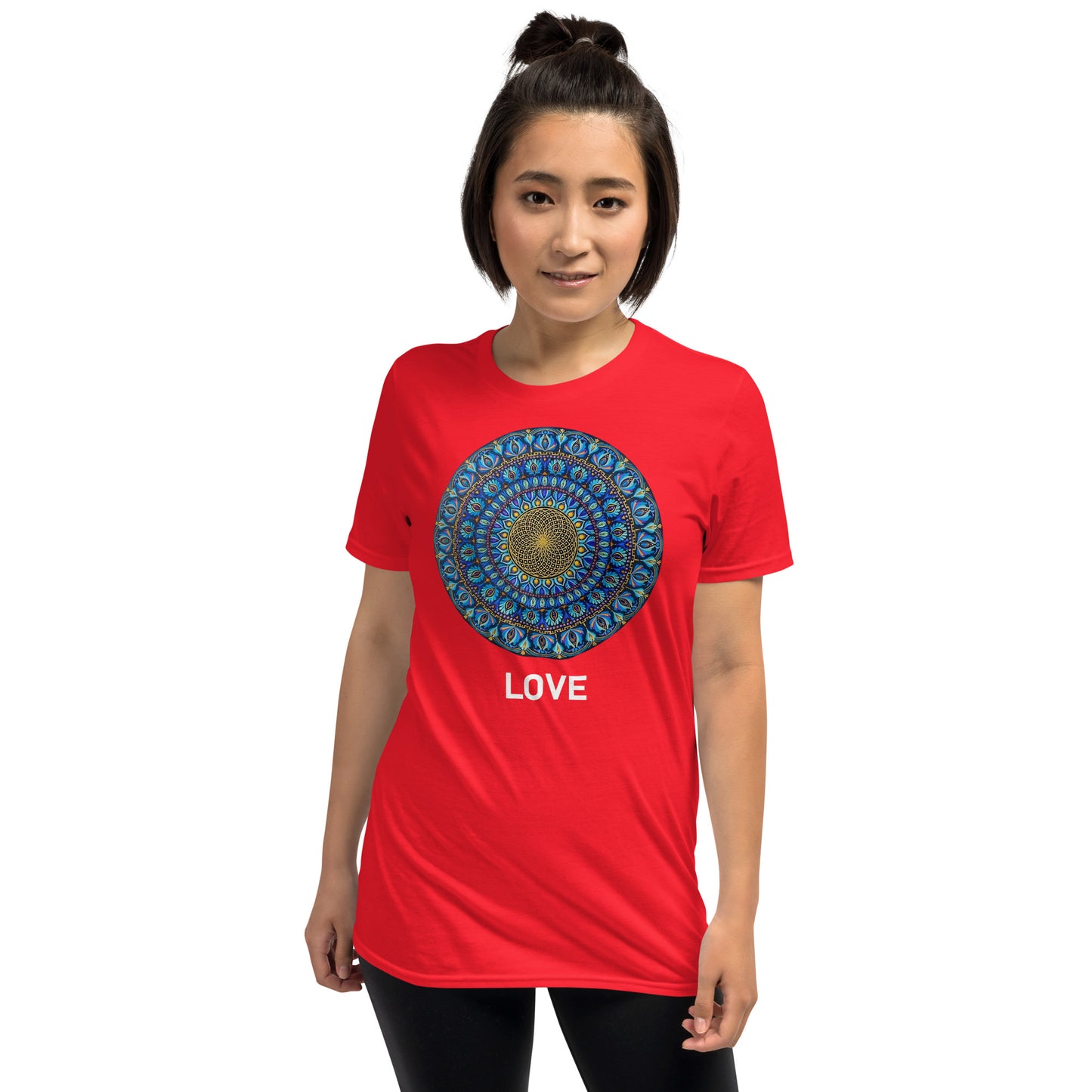 Unisex Softstyle T-Shirt (mandala with golden core | on front | LOVE in white lettering)