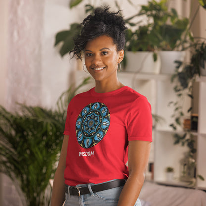 Unisex Softstyle T-Shirt (mandala with spokes in core on front | WISDOM in white lettering)