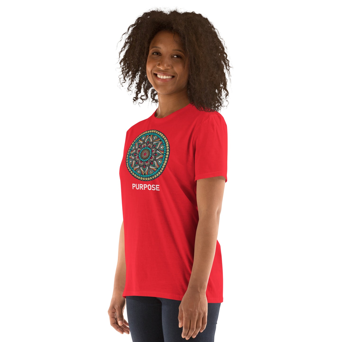 Unisex Softstyle T-Shirt (mandala with red core on front | PURPOSE in white lettering)