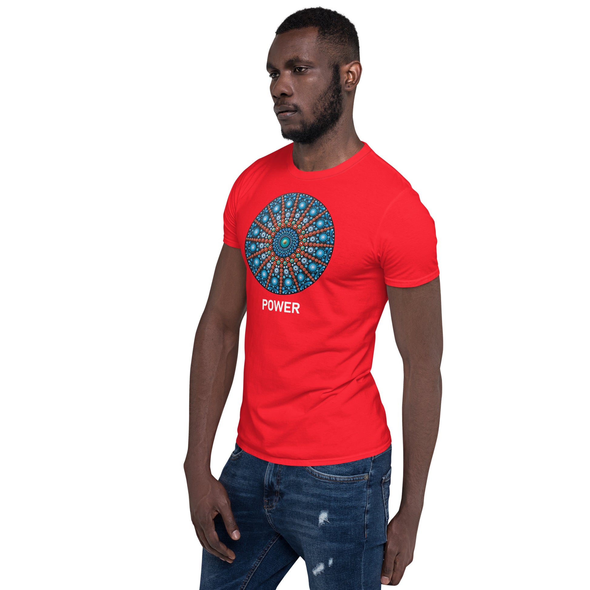 Unisex Softstyle T-Shirt (mandala with red lines | on front | POWER in white lettering)