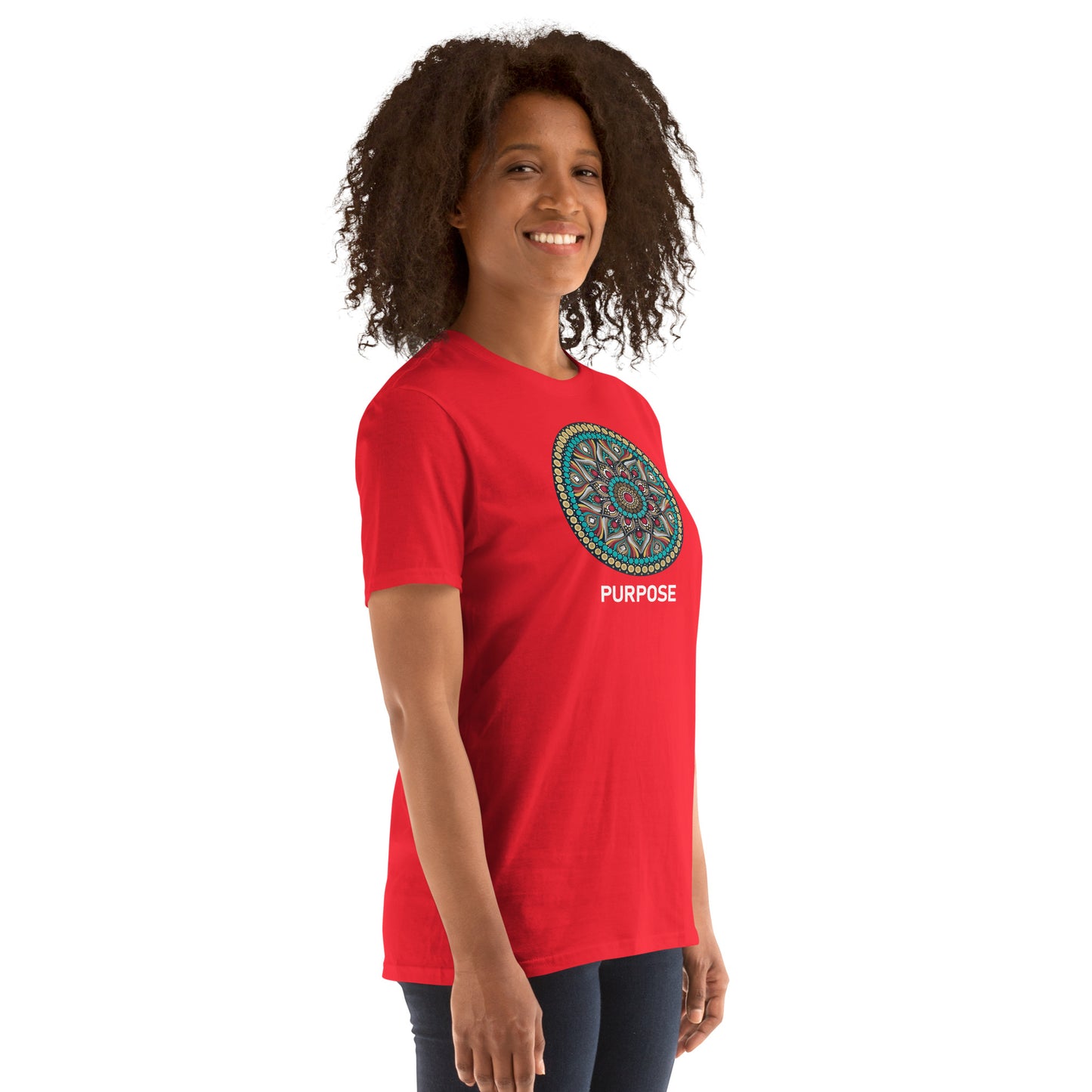 Unisex Softstyle T-Shirt (mandala with red core on front | PURPOSE in white lettering)