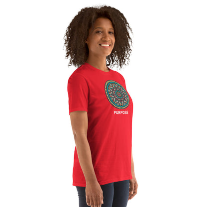 Unisex Softstyle T-Shirt (mandala with red core on front | PURPOSE in white lettering)