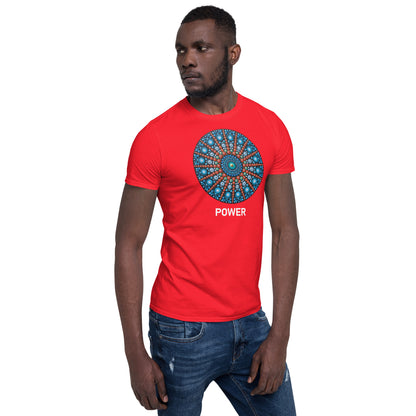 Unisex Softstyle T-Shirt (mandala with red lines | on front | POWER in white lettering)