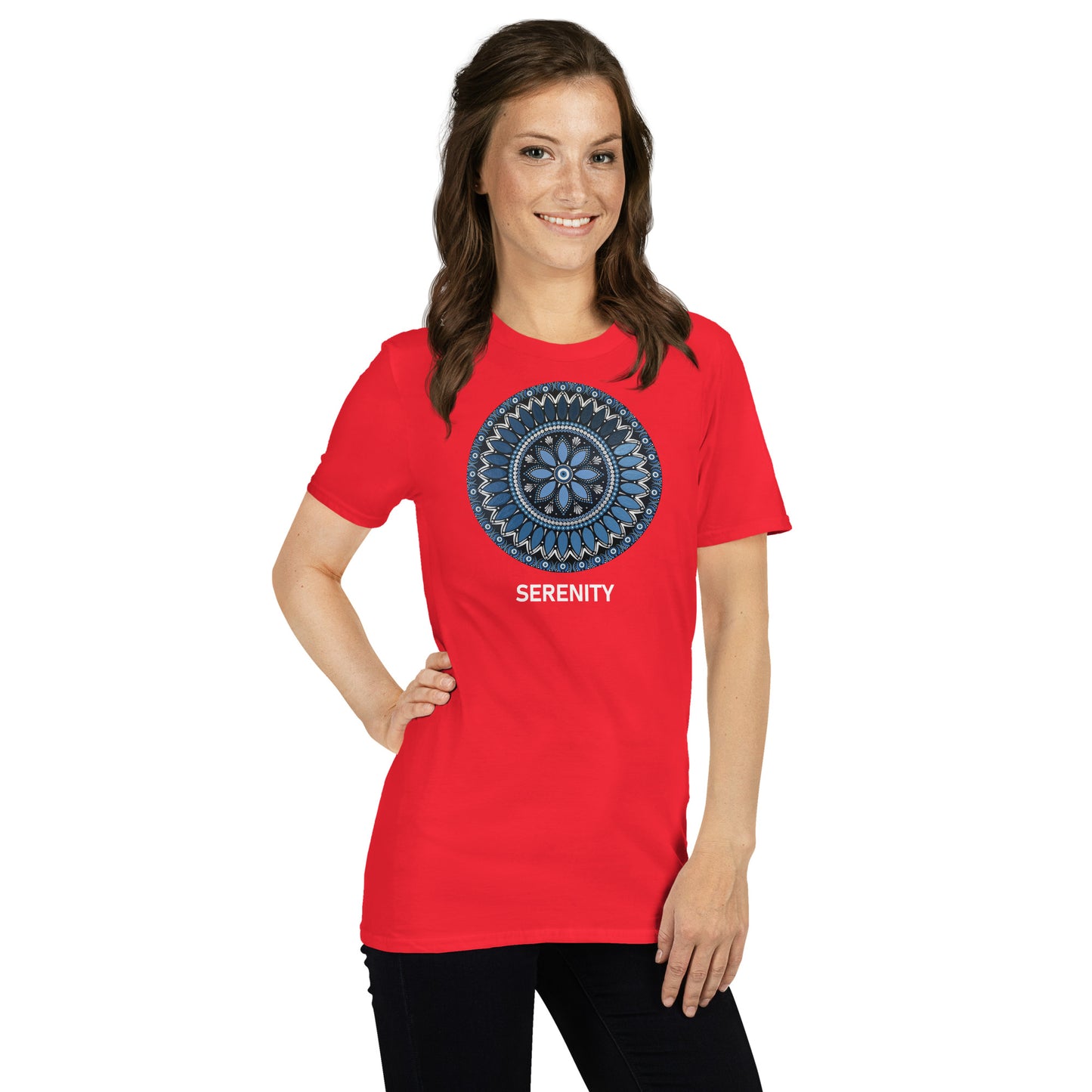 Unisex Softstyle T-Shirt (mandala with blue and white core | on front | SERENITY in white lettering)
