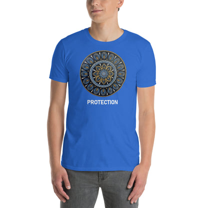 Unisex Softstyle T-Shirt (mandala with gold rim on front | PROTECTION in white lettering)