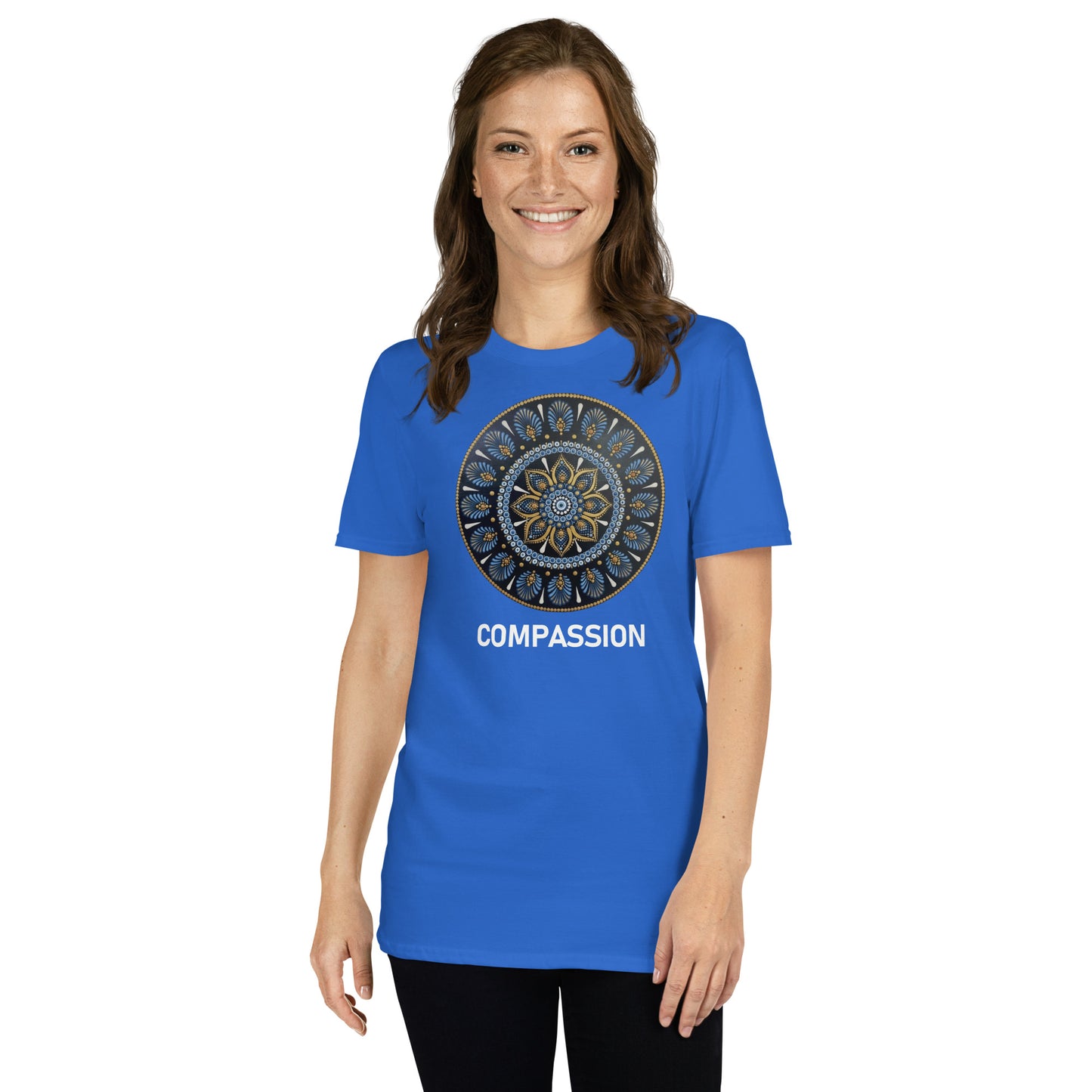 Unisex Softstyle T-Shirt (mandala with gold rim on front | COMPASSION in white lettering)
