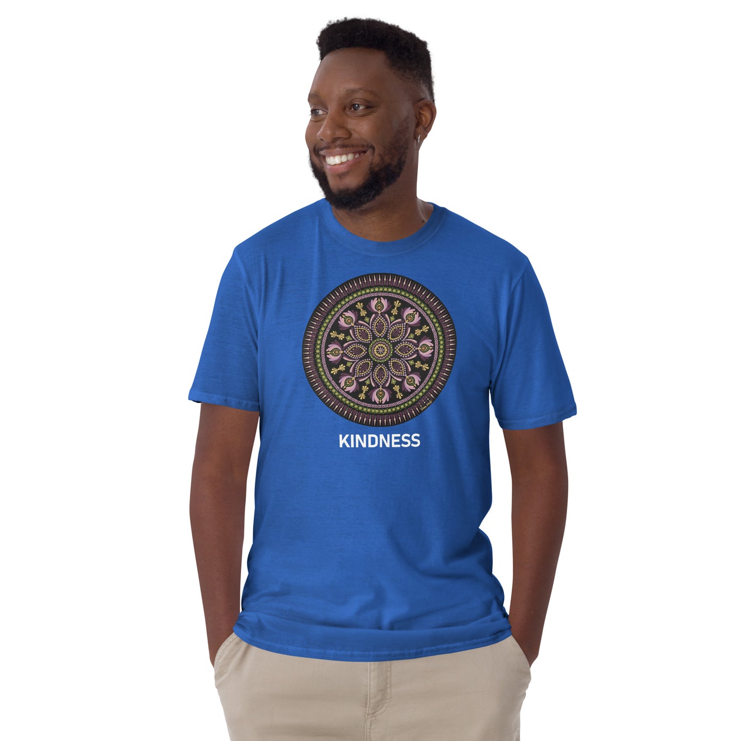 Unisex Softstyle T-Shirt (mandala with magenta rim on front | KINDNESS in white lettering)